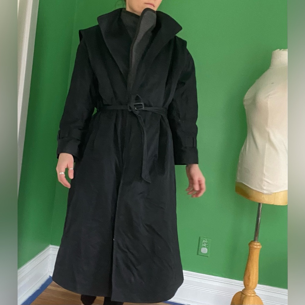 Vintage 80s A Trigere Coat trench black grey wool layered coat high collar